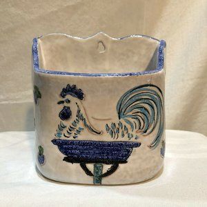 Blue Rooster Terra Cotta Glazed Hand Painted Italy Wall Pocket Italian P…